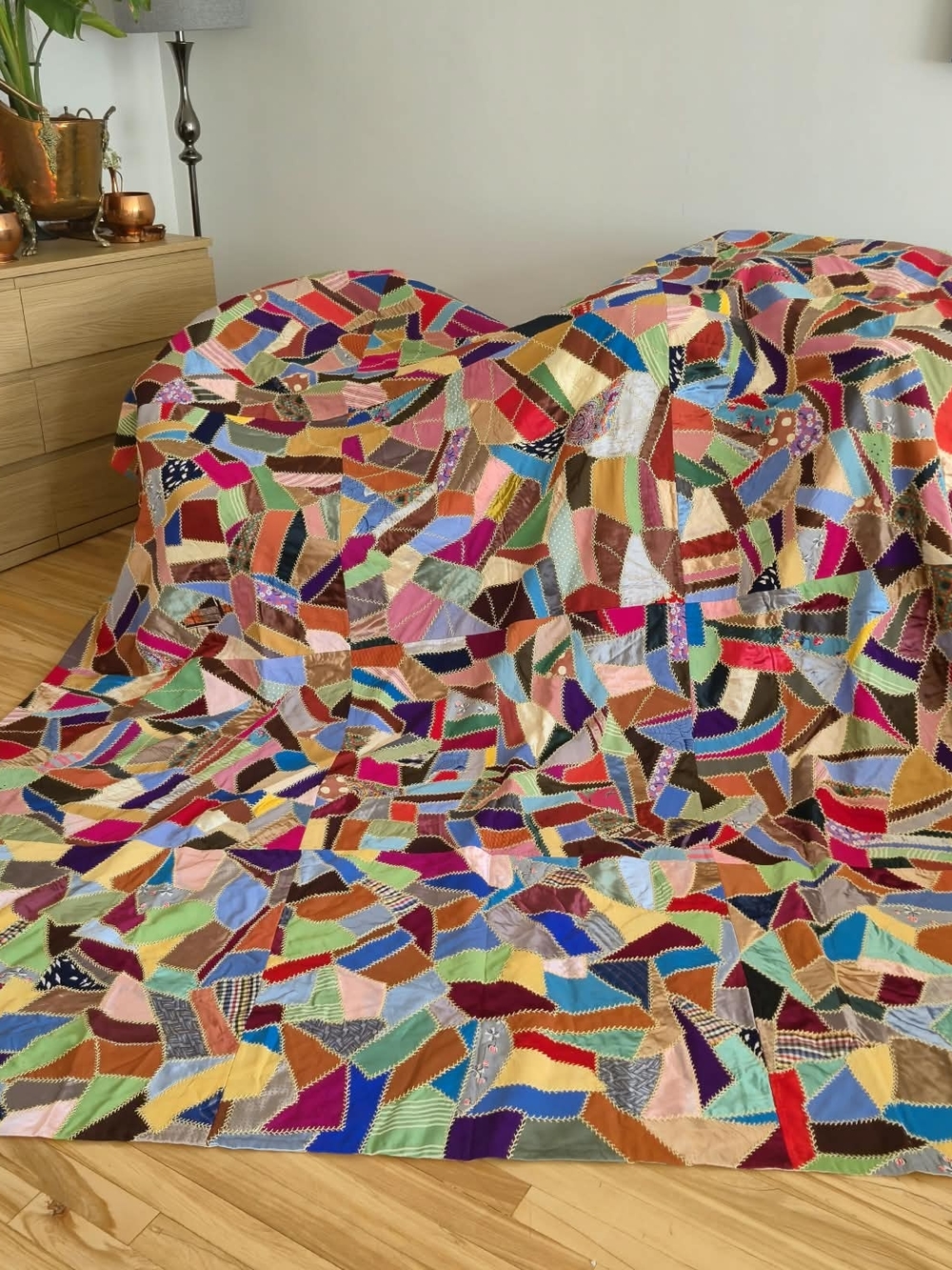 Antique Victorian Silk Crazy Quilt Patchwork Textile Art Maximalist Boho Styling
